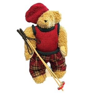 Musical Moving 16” Skier Plush Bear on Stand Plays “Edelweiss”